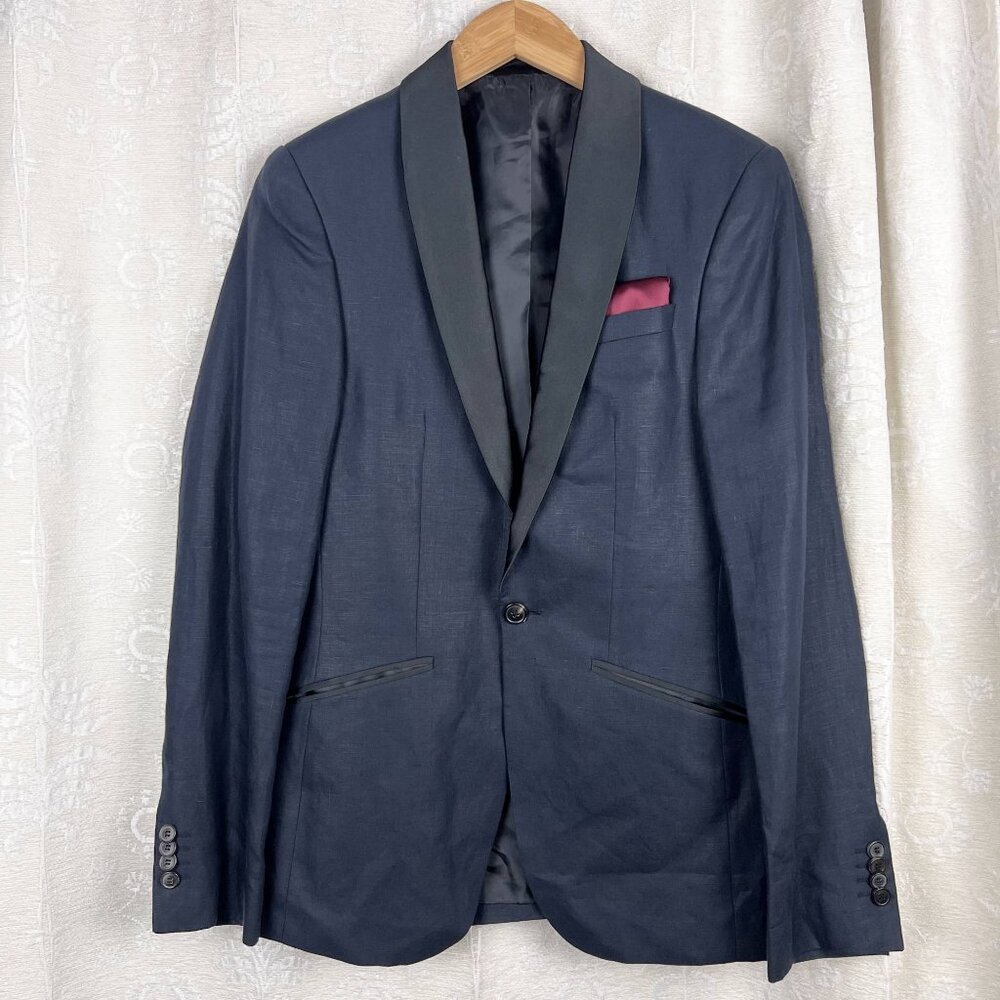 ASOS linen + satin slim fit tuxedo jacket formal blazer cocktail party pockets